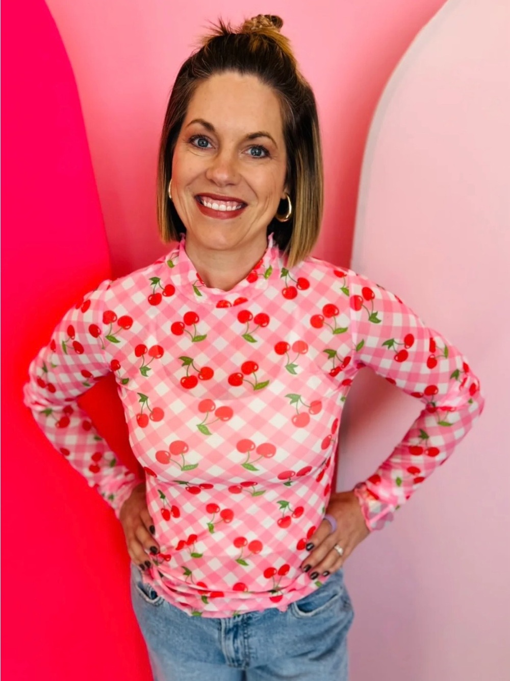 CUTE Jessie Lea Pink Cherry-Print Long Sleeve mesh “fits size 20”